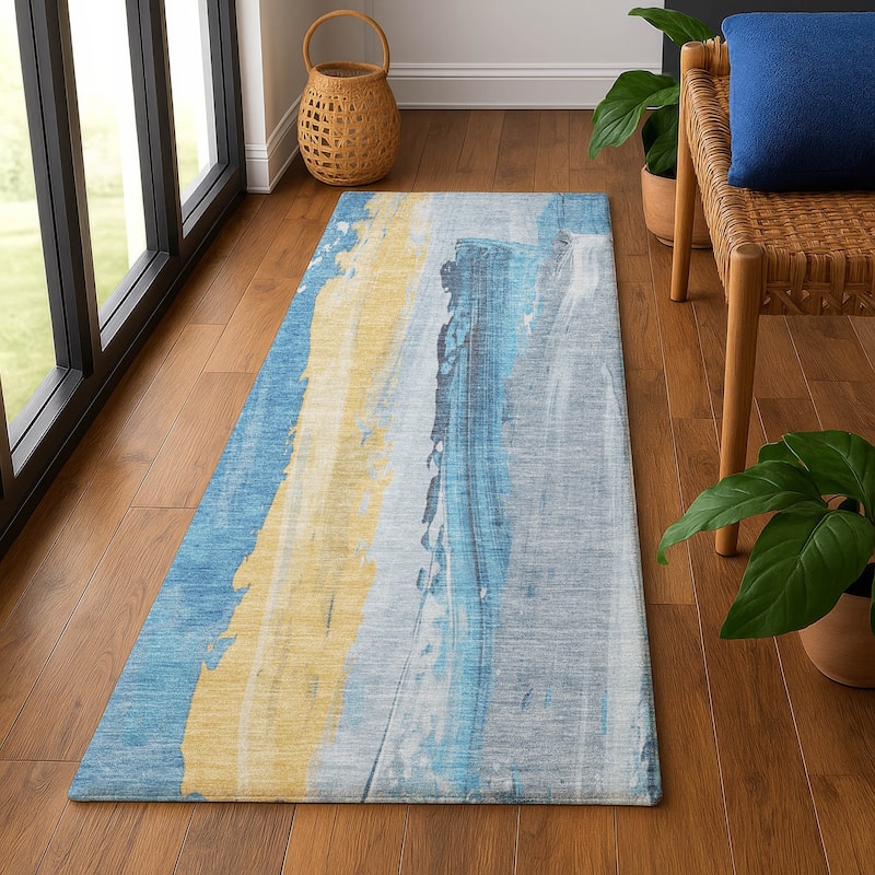 Premium Washable Super Soft Modern Brushstrokes Mayfield Rug - 2'3" x 7'6" - Blue