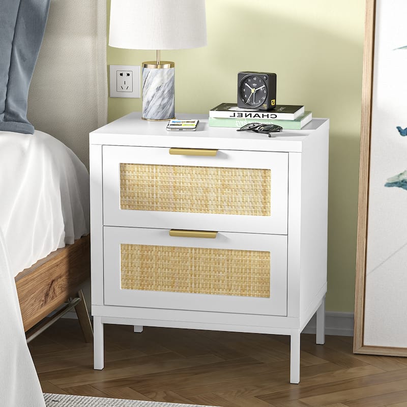 Anmytek Modern 2-Drawer Rattan White Nightstand Sofa End Table with Storage for Bedroom
