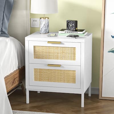 Anmytek Modern 2-Drawer Rattan White Nightstand Sofa End Table with Storage for Bedroom