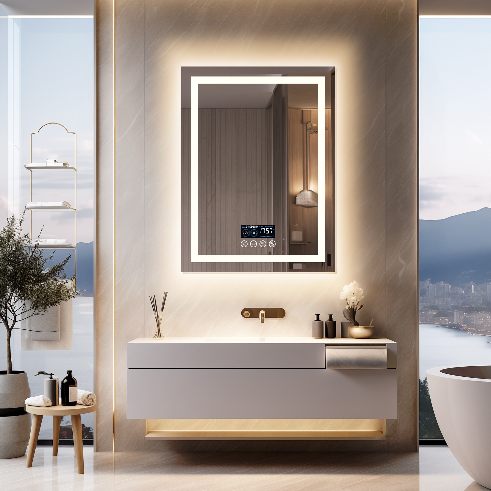 Bluetooth LED Bathroom Mirror Illuminated Bathroom Makeup Mirror Dual LED Light Strips Anti Fog Dimming Wall Vanity Mirror