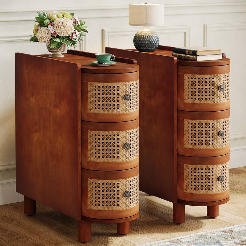 Solid Wood End Table, 3-Drawer Rattan Side Table, Night Stand with Exquisite Embossed Handles for Living Room - 2PCS - Walnut and Oak