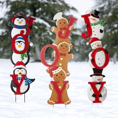 Glitzhome Metal "JOY" Snowman Gingerbread Man Penguin Yard Stake