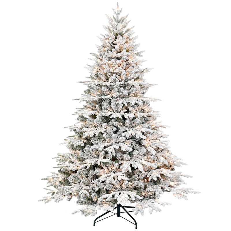 9ft Pre-Lit Flocked Artificial Christmas Tree with 1050 Lights,Hinged Pine with Partial Memory Wire Branches,Metal Stand
