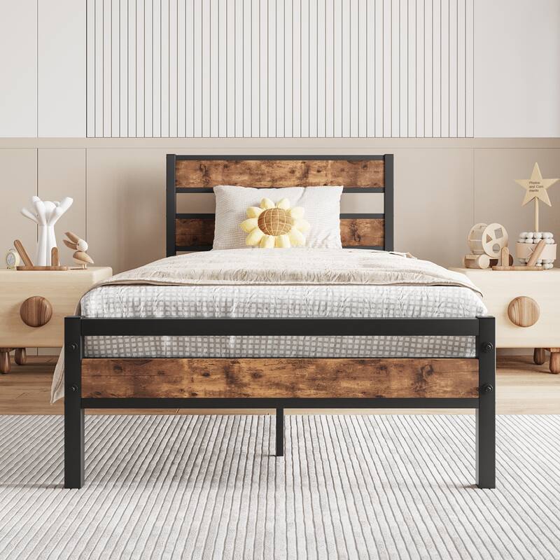 Twin Size Platform Bed Frame with Rustic Wood Headboard, Strong Metal Slats, No Box Spring Needed - Black
