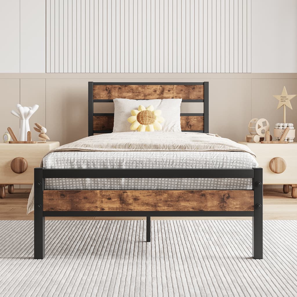 Twin Size Platform Bed Frame with Rustic Wood Headboard, Strong Metal Slats, No Box Spring Needed