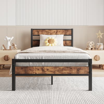 Twin Size Platform bed Frame with Rustic Vintage Wood Headboard, Strong Metal Slats Support, No Box Spring Needed