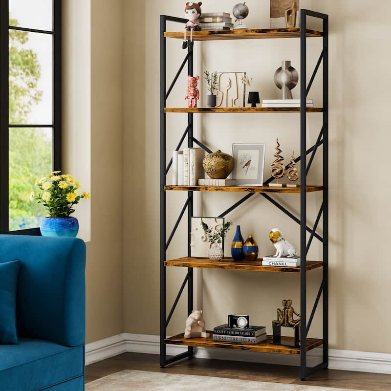 H-Shaped 5-Tier Storage Bookcase, 62.2" Tall Standing Bookshelf with Adjustable Feet - Brown/Black