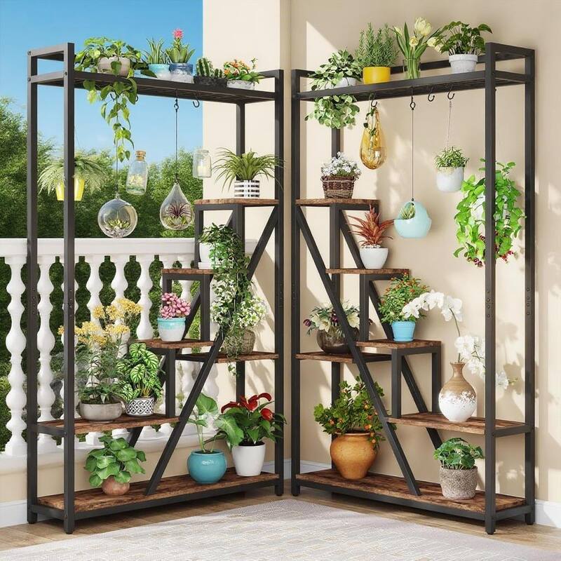 Black-Brown Particle Board Metal 7-Tier Ladder Plant Shelf Stand - 41.34 " x 11.81" x 70.86"