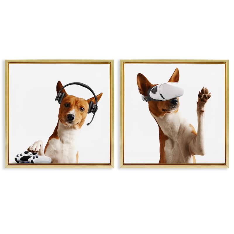 Stupell Video Game Dogs with VR Framed Floater Canvas Wall Art Design By CAD Design (Set of 2) - 18 x 18 - Gold