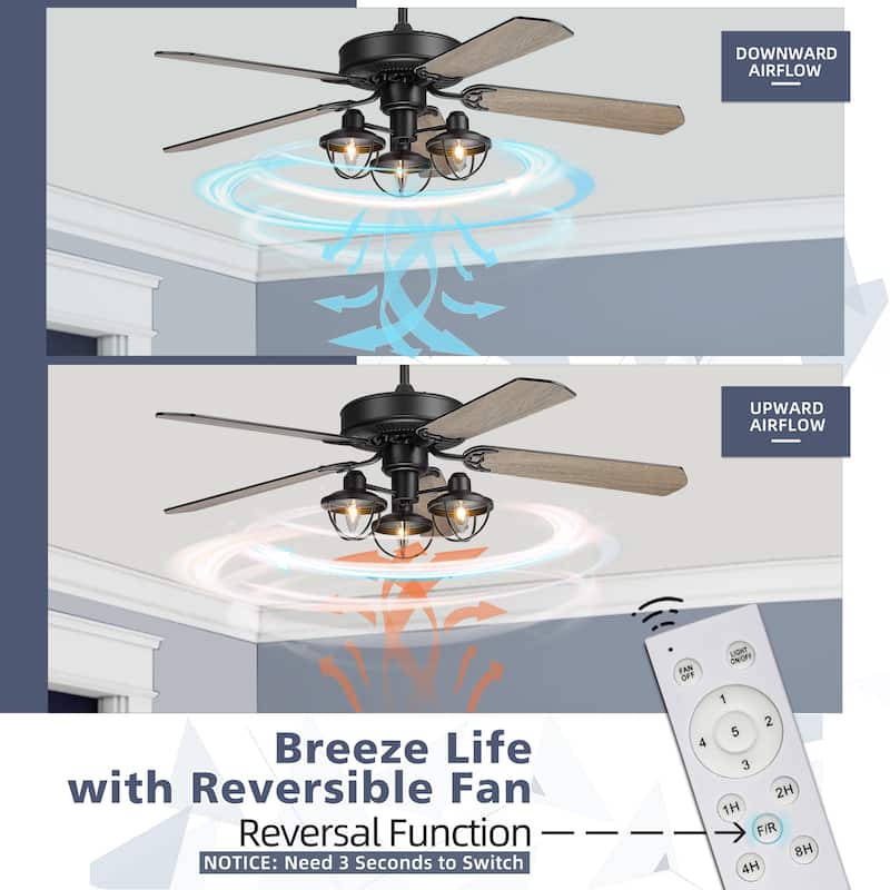 52-Inch Farmhouse Wooden Ceiling Fans with 3 Lights and Remote Control, 5-Reversible Blades Indoor/Outdoor