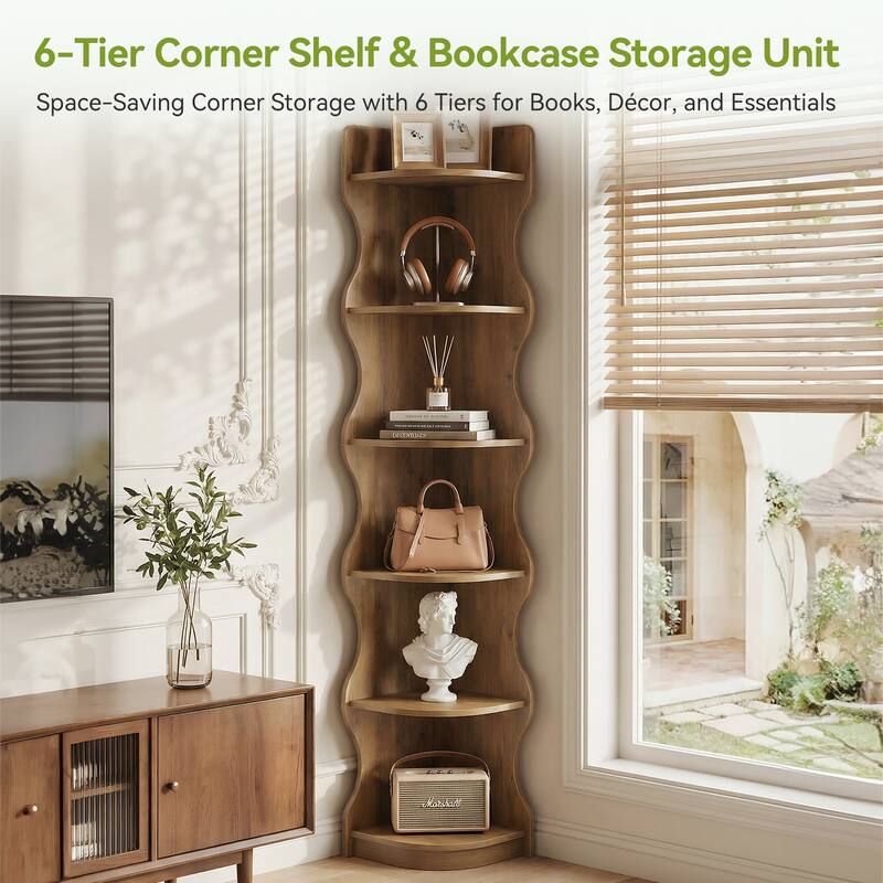 Corner Bookcase, 70.8'' Tall Corner Shelf Storage Display Rack - 13.8'' W × 13.8'' D × 70.8'' H