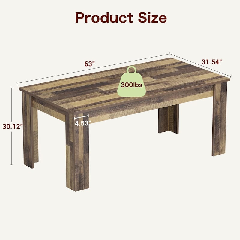 63" Wood Farmhouse Dining Table, for 4-6