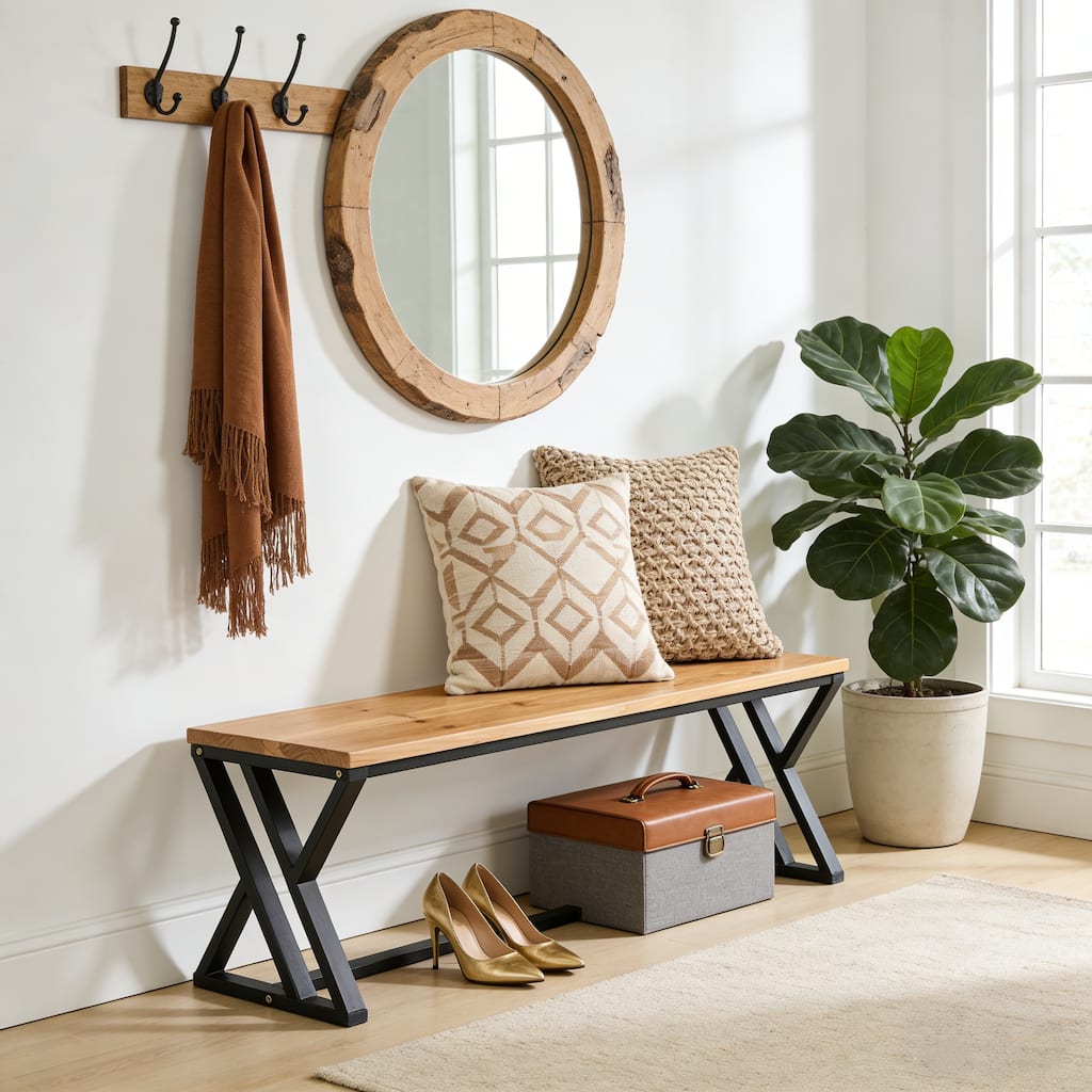 Solid Wood Entryway Bench With Metal Legs