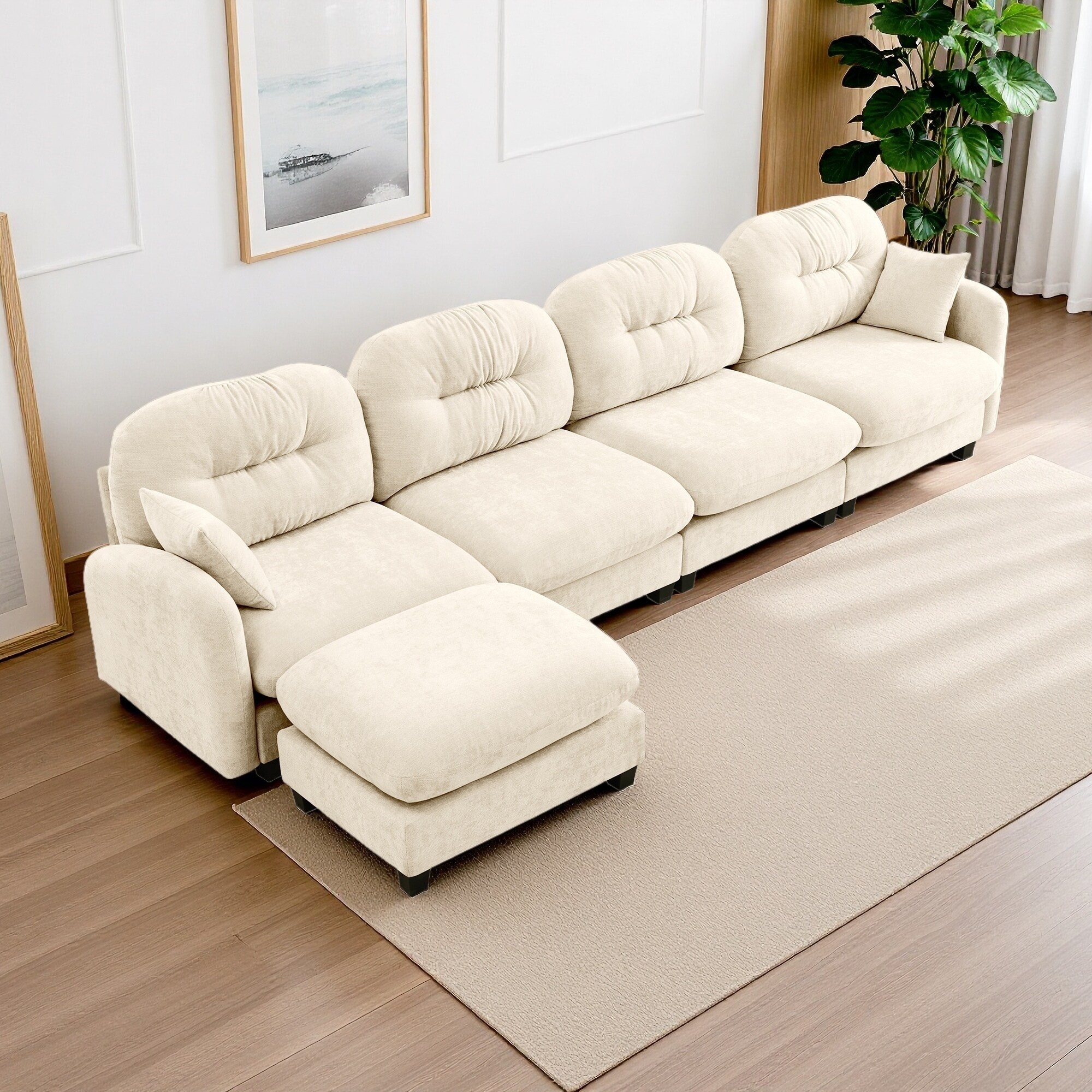 140" Chenille Modular L-Shaped Sectional with Ottoman and Tufted Backrest