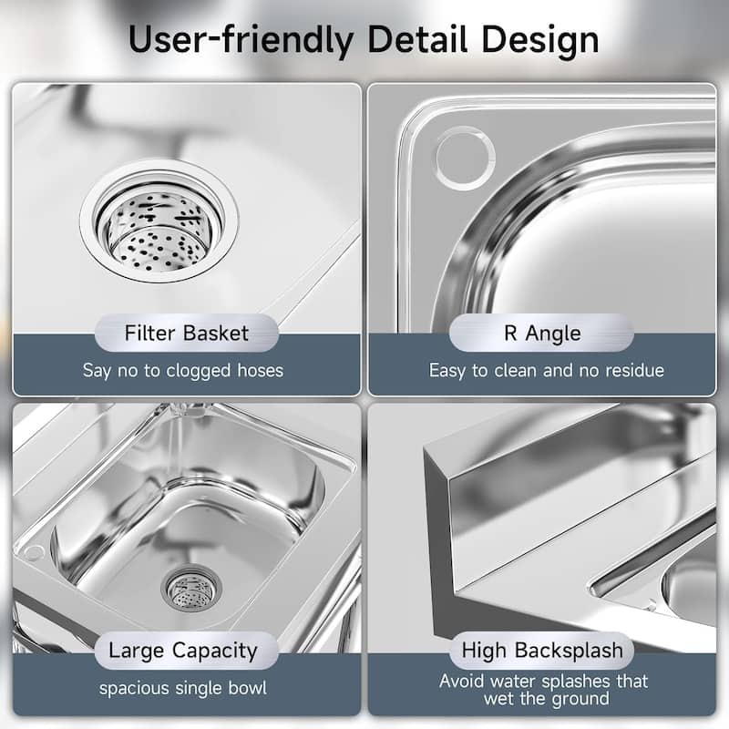Free Standing Stainless Steel Utility Sink, Commercial Single Bowl Sink Set with Faucet