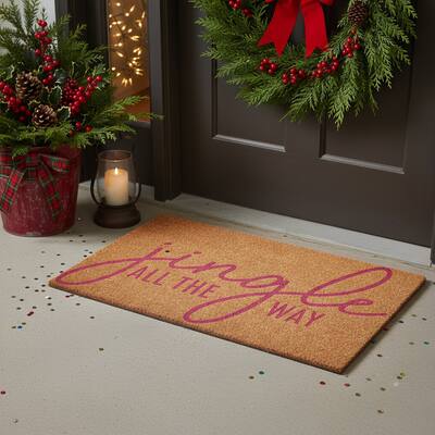 HomeRoots 17" X 29" Brown And Pink Christmas Outdoor Coir Door Mat - 17.00' X '29.00