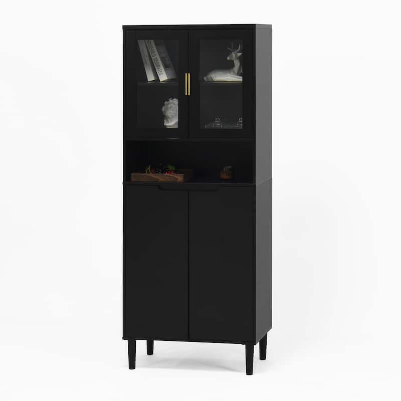 Tall Storage Show Cabinet with 2 Glass Display Door & 2 Doors, Tall Kitchen Pantry Cabinet with Gold Handles