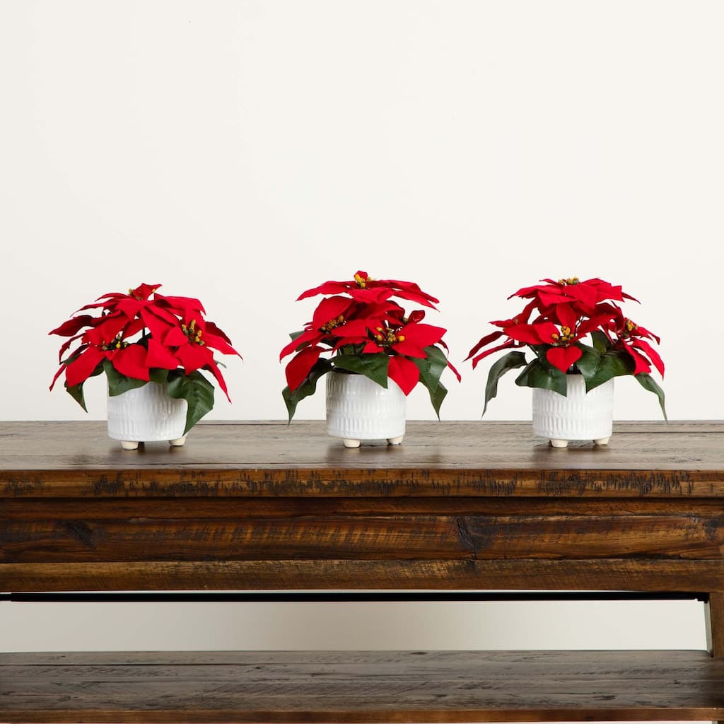 Poinsettia Christmas Artificial Floral Arrangements - 9" - Set of 3