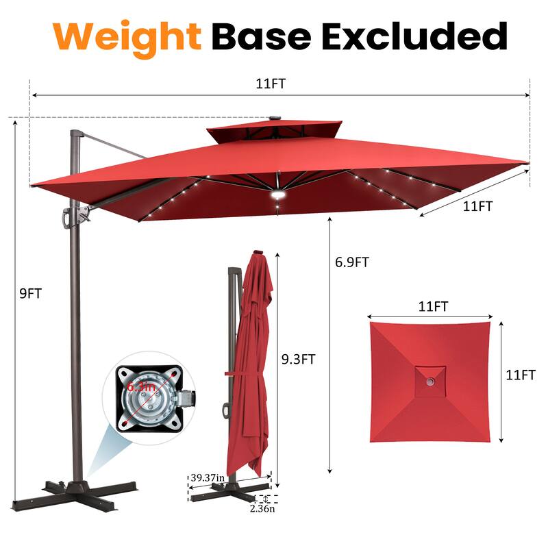 VredHom Solar LED Light 11FT Square Outdoor Cantilever Patio Umbrella without Base