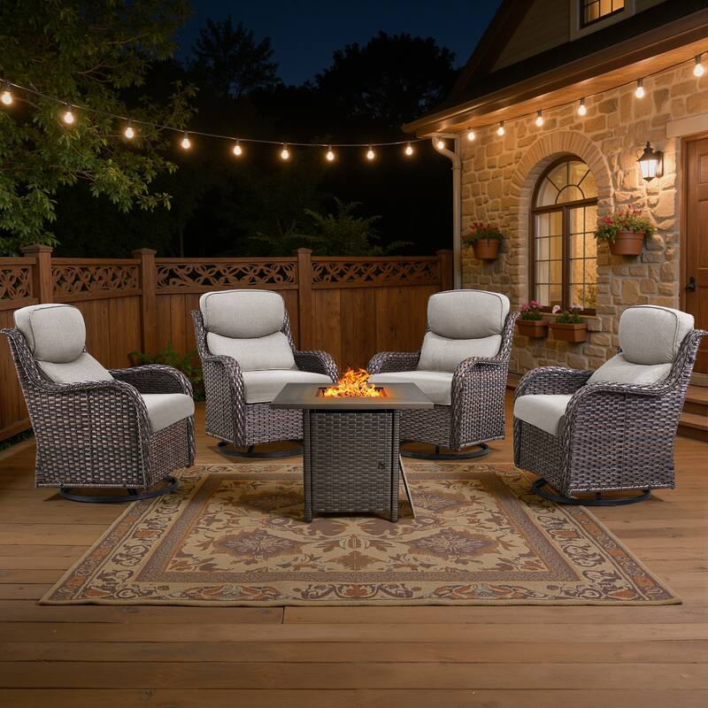 Meyreso 5-Piece Outdoor Patio Wicker Fire Pit 4 person Conversation Set with 5-Inch Thick Cushions - Beige Cushions - Brown Wicker