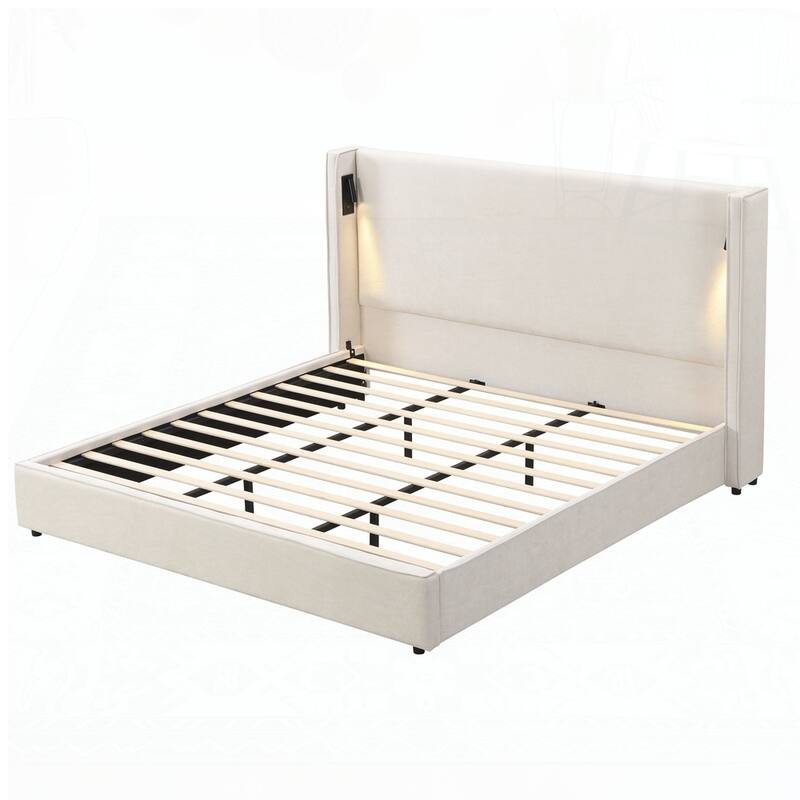Upholstered Bed Frame with High Wingback Headboard,Reading Lamp and USB port