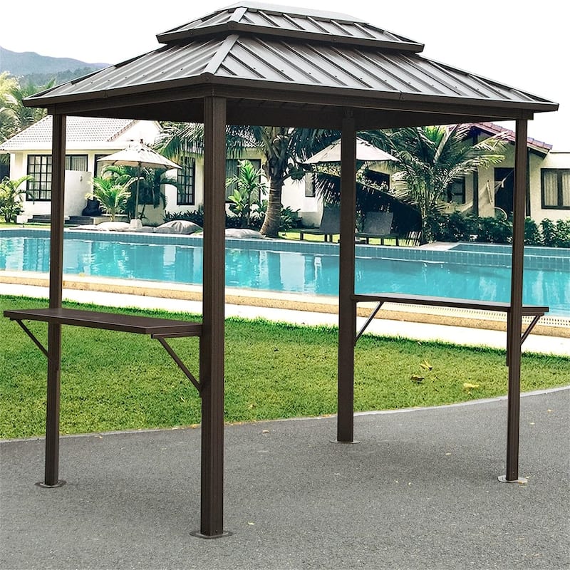 8 × 6 Ft BBQ Grill Gazebo Aluminum Frame Double Roof with Shelves Serving Tables