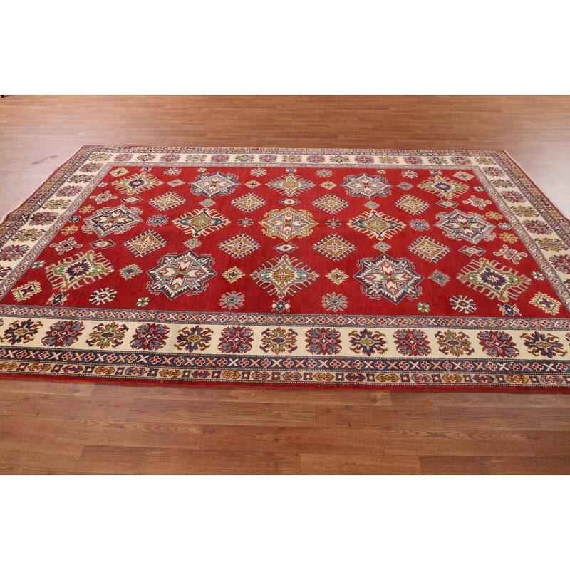 Geometric Kazak Area Rug Hand-Knotted Oriental Red Wool Carpet - 6'6" x 9'11"
