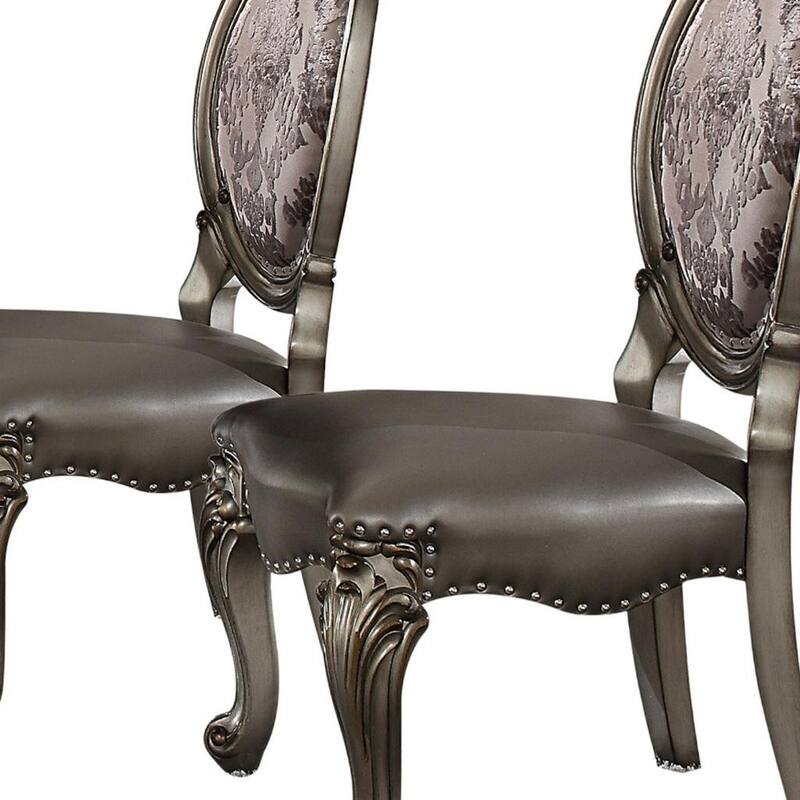 HomeRoots Set of Two Silver and Platinum Upholstered Faux Leather And Solid Wood King Louis Back Dining Side Chairs