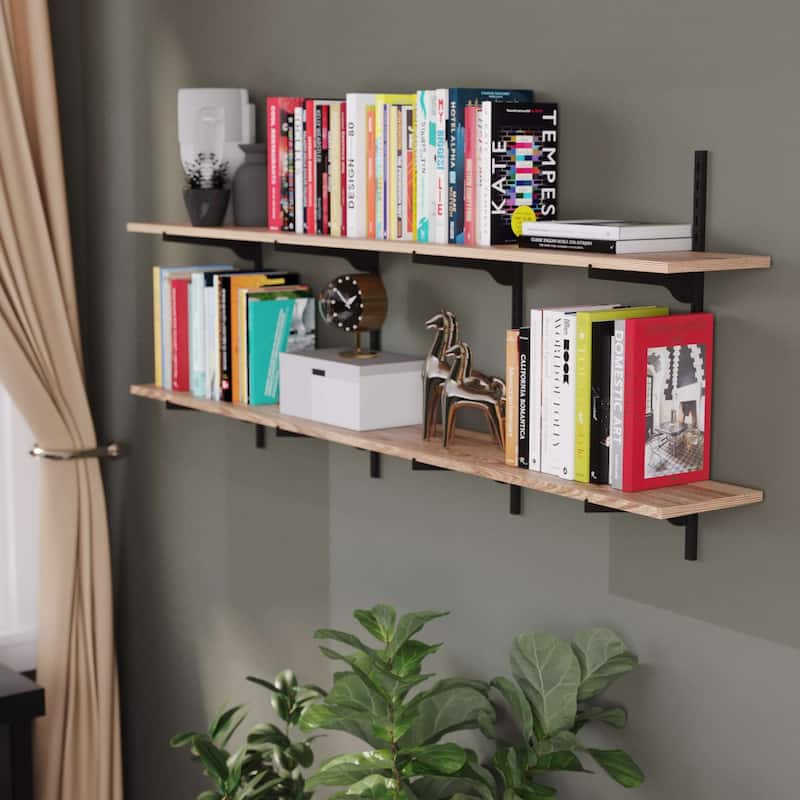 Wallniture Turin 60 Inch Long Wall Bookshelf, Floating Shelf with Adjustable Brackets, Farmhouse, Custom Finish and Tier Options - 60" x 8" I 2-Tier - Black Brackets + Burnt Boards