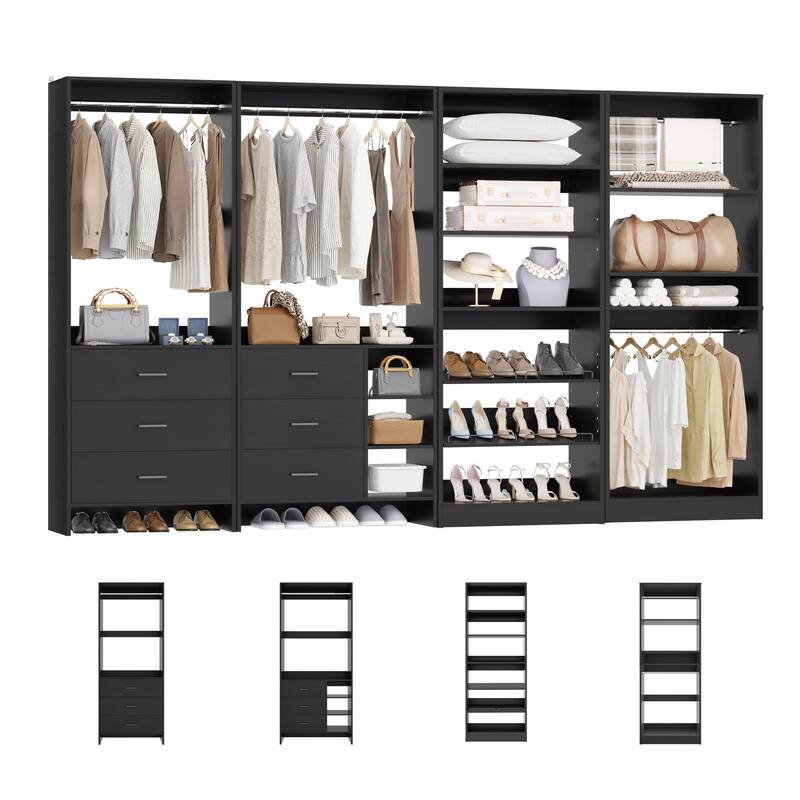 Cimly Set of 4 Closet Organizer with Drawers and Shoe Rack, Freestanding Closet System with Hanging Rods