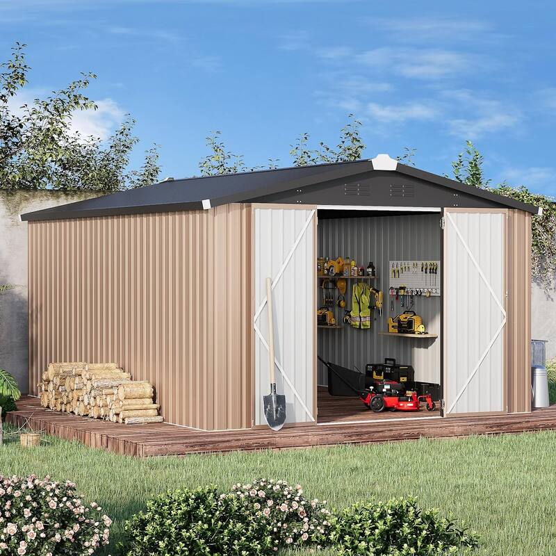 AECOJOY Outdoor Extra Large Storage Metal Shed with Lockable Doors - 10' x 14' - Taupe