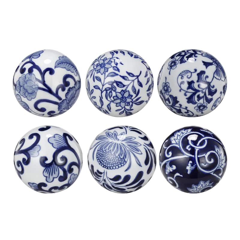4 Inch Decorative Ball Set of 6 Orbs, Blue And White Printed Porcelain - Blue
