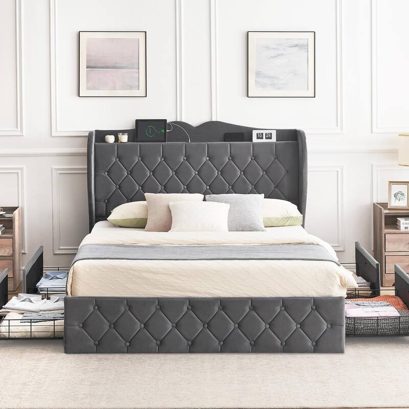Grey Upholstered Platform Bed with Drawers and Charging Station