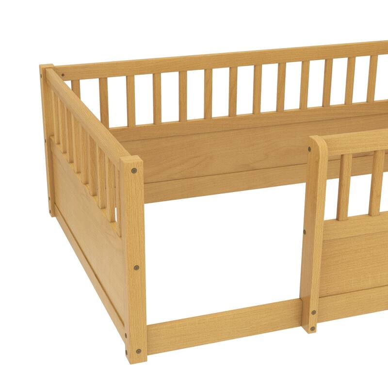 Roomfitters Wooden Twin Floor Bed Frame with Fence, Montessori Low Platform Design for Bedroom or Playroom