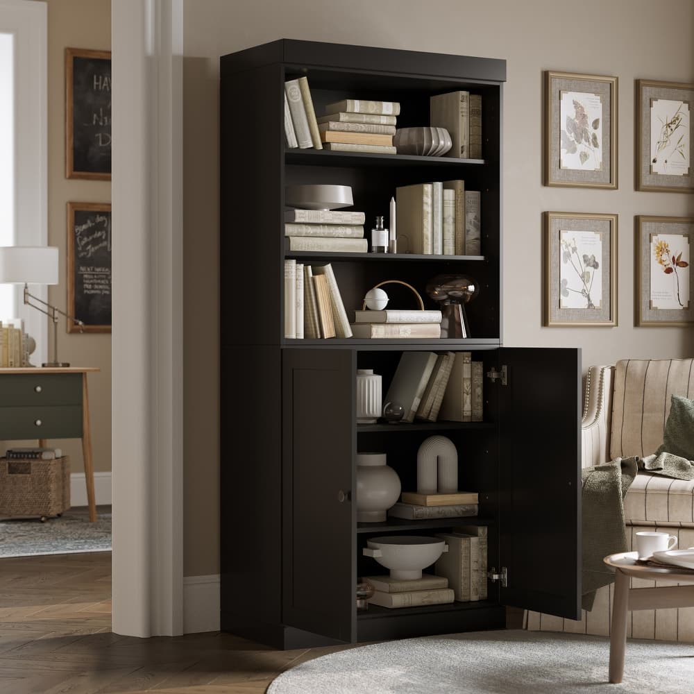 Solid Wood Tall Bookcase with Doors, Adjustable Shelves, Modular Storage, Open Display Bookshelf, 32" W x 71.5" H