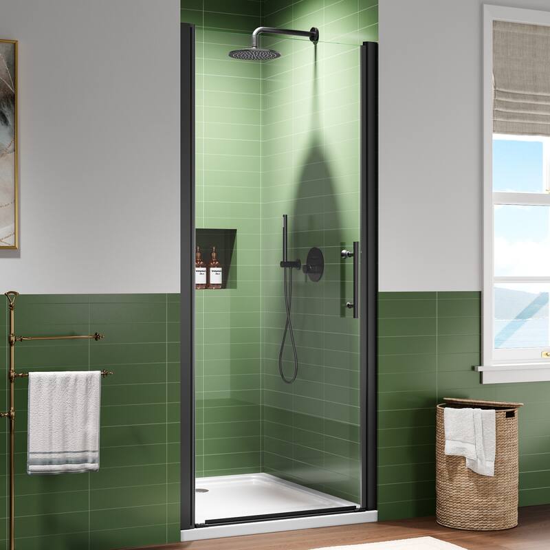 Matte Black Hinged Shower Door 34x75, 6mm Tempered Glass, Headerless, 1.5 in Adjustable, Left/Right In/Out