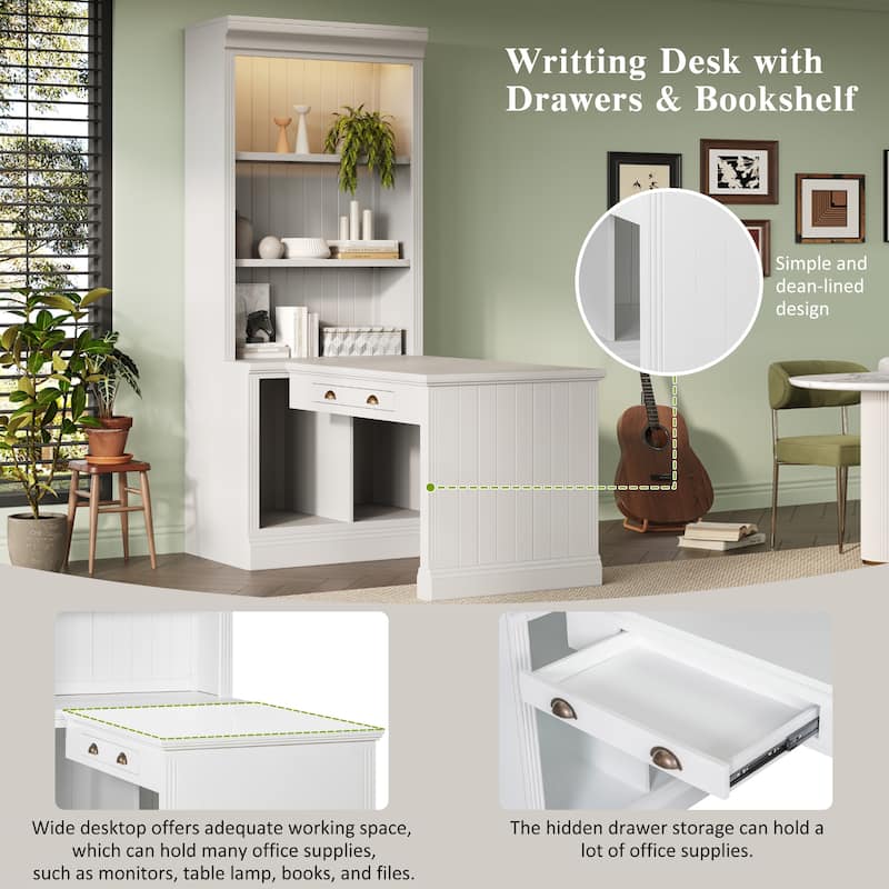 Computer Desk with Open Shelves & LED Lighting, Workstation with Storage Shelf, Freestanding Wood Executive Desk