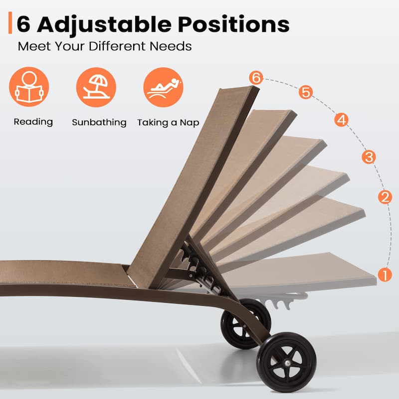 VredHom Outdoor Adjustable Chaise Lounge Chairs with Wheels - 43.2 in D * 12 in H * 21.9 in W