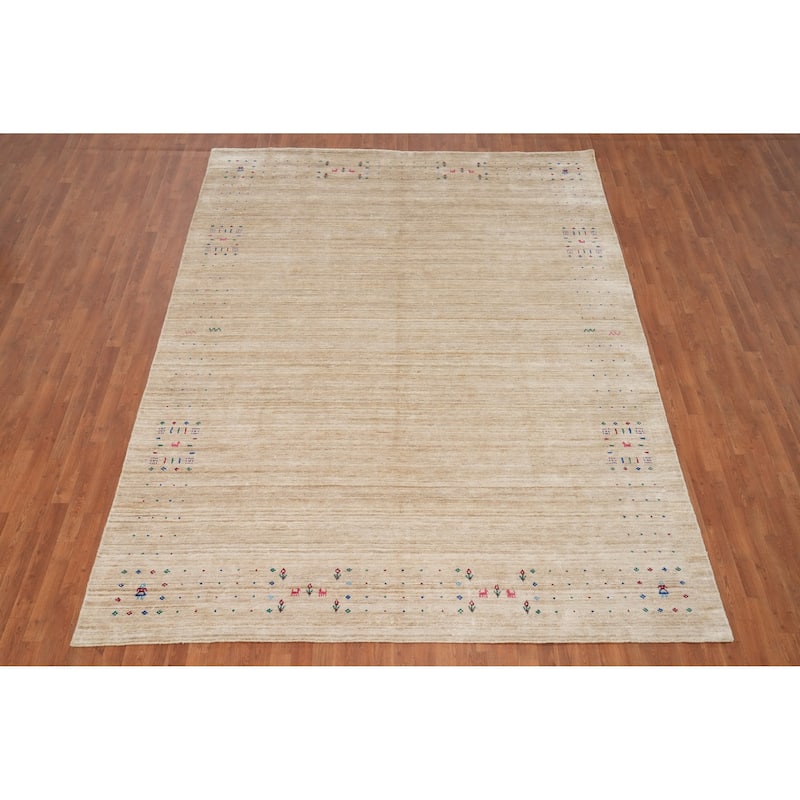 Hand Knotted Oriental Viscose Silk Carpet Tribal Animal Pictorial Beige & Ivories Gabbeh Area Rug - 11' 9'' X 8' 10''
