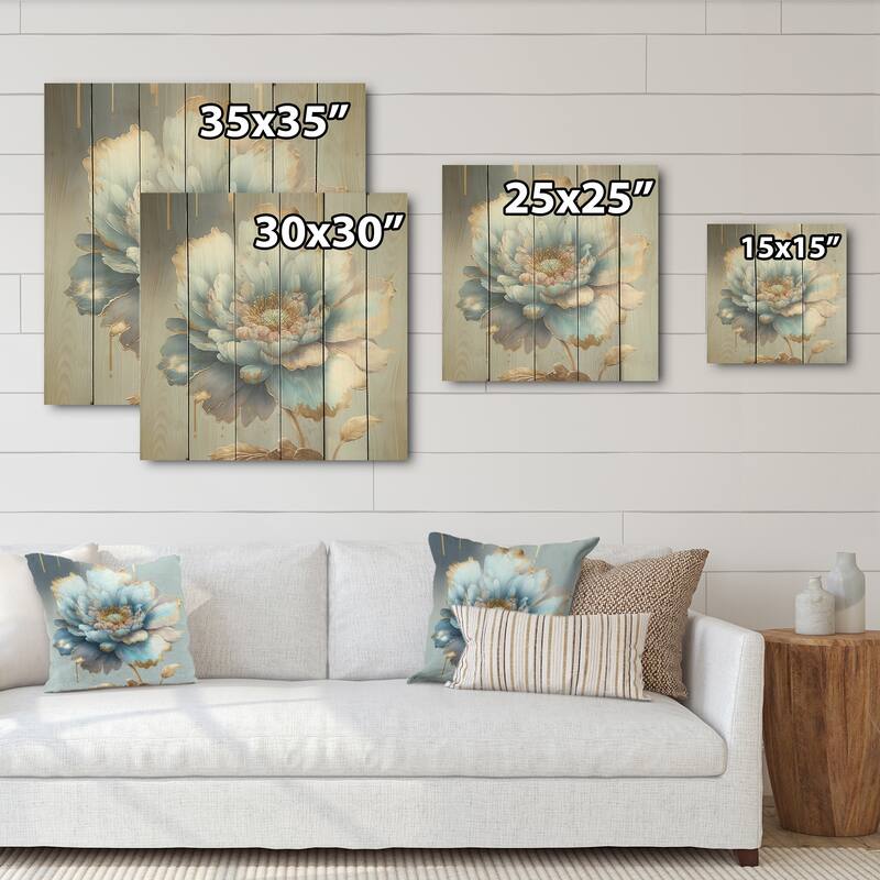 Designart 'Chic Blue Blooming Flower IV' Floral Wood Wall Art - Natural Pine Wood