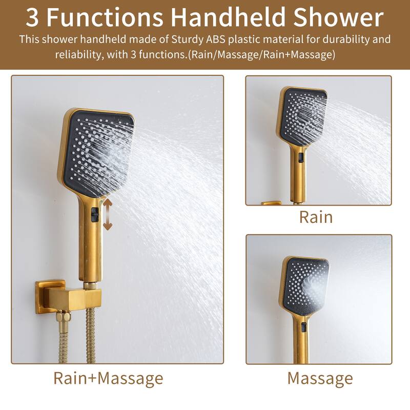 3-Function 12-Inch Ceiling-Mounted Thermostatic Shower System in Brushed Gold with Square Shower Head