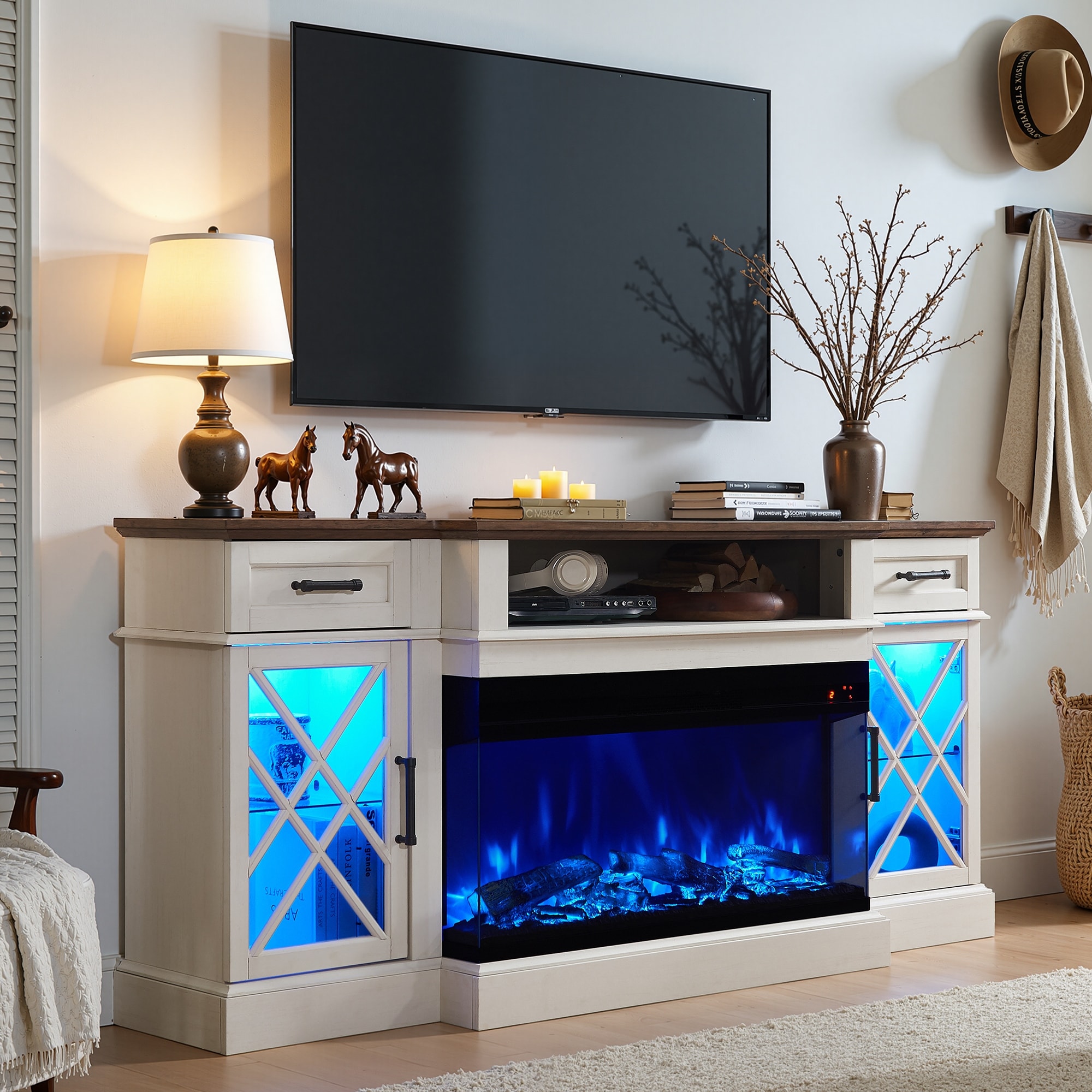 Farmhouse 3-Sided Electric Fireplace TV Stand, Entertainment