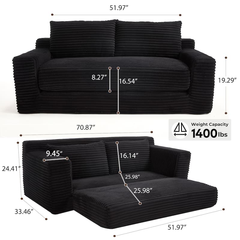 70.87'' W Corduroy Fabric Loveseat Sleeper Sofa with Memory Foam & Steel Frame