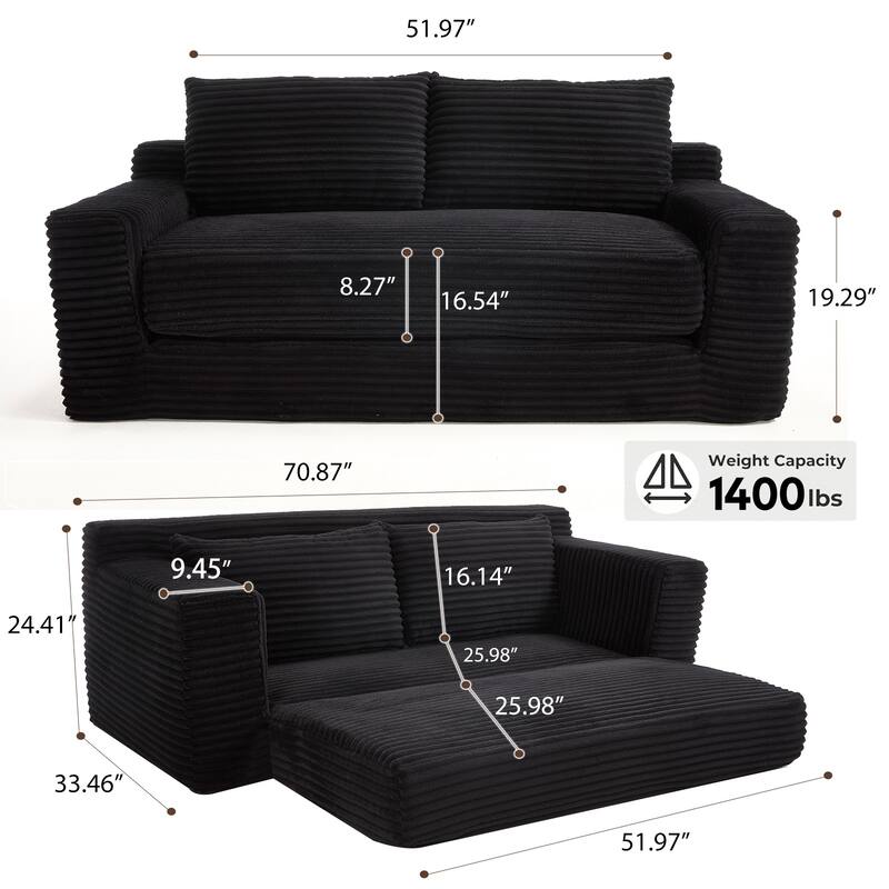 Corduroy Cloud Loveseat Sofa, 2-in-1 Convertible Loveseat Sofa Bed, Memory Foam Floor Lounge Sofa for Living Room, Apartments