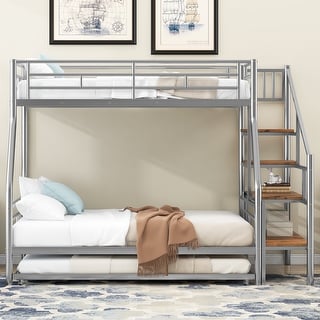 Modern Twin over Full Metal Bunk Bed with Trundle & Staircase, Silver