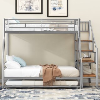 Twin Over Full Size Metal Bunk Bed with Trundle & Storage Staircase, Bedroom Heavy Duty Bed Frame with Full-Length Guardrail