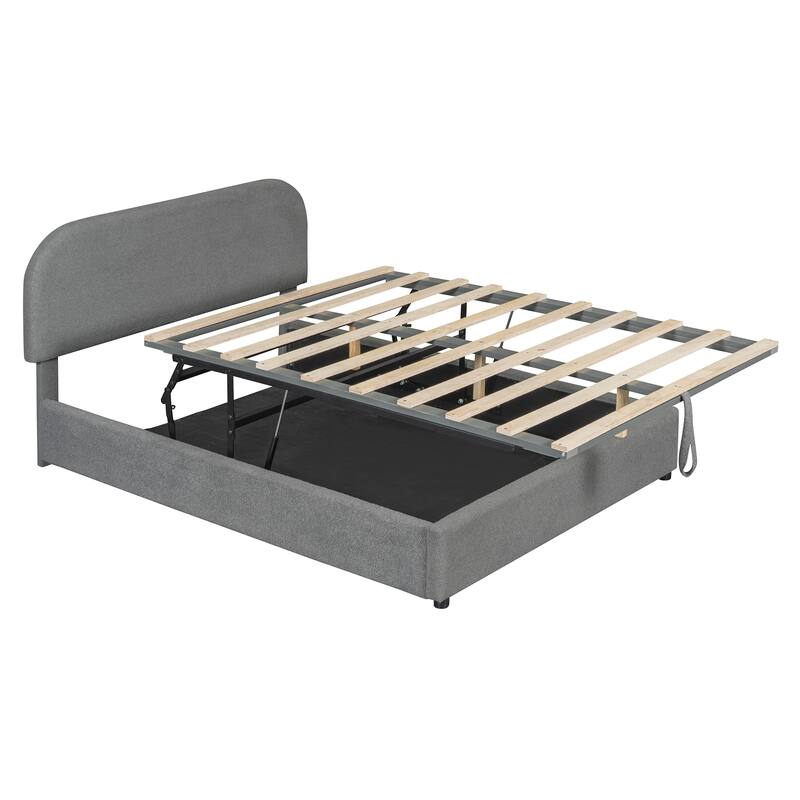Lift Up Storage Platform Bed Frame, Teddy Fleece Low Profile Bed Hydraulic Storage System, Curved Headboard, Wood Panel Bed