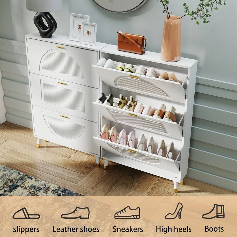 Slim Shoe Cabinet, Fluted Hidden Shoe Storage Cabinet with 3 Flip Drawers