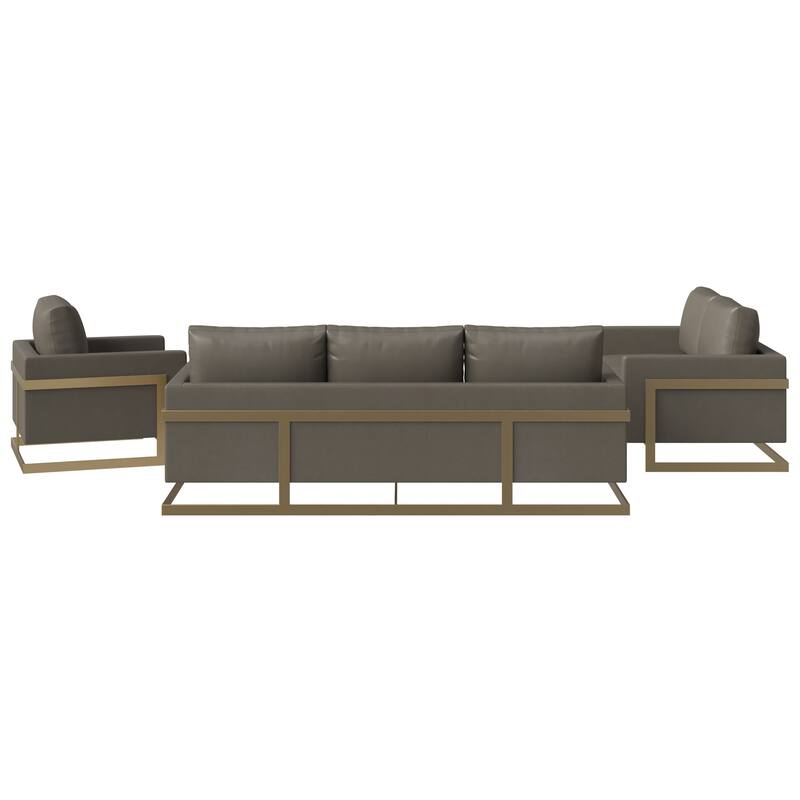 3-Piece Leather Sofa Set with Gold Stainless Steel Base and Removable Cushions