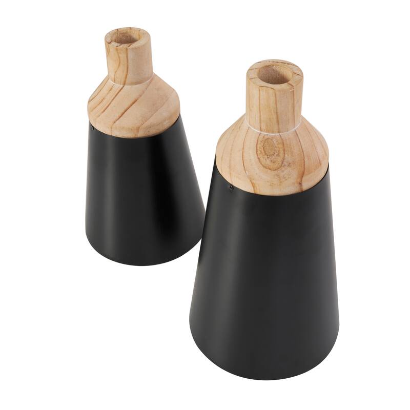 Black Wood Triangular Colorblock Decorative Vase with Light Brown Wood Tops (Set of 2)